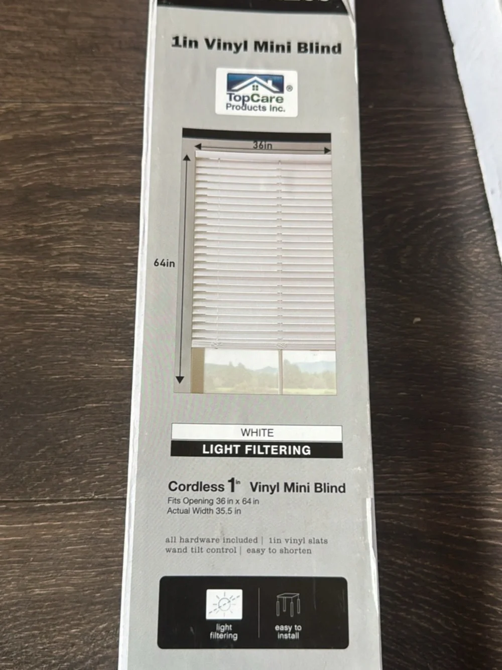 TopCare Products Inc. Cordless 1in Vinyl Mini Blind 36in x 64in